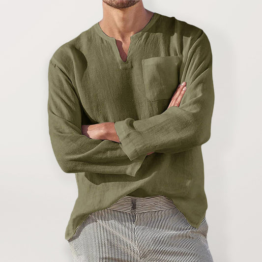 Men's Solid Color Linen Pullover Tunic Shirts kakaclo