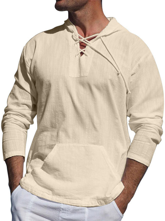 Men's Solid Color Adjustable Cross Straps Neck-line Hooded Knit Top kakaclo