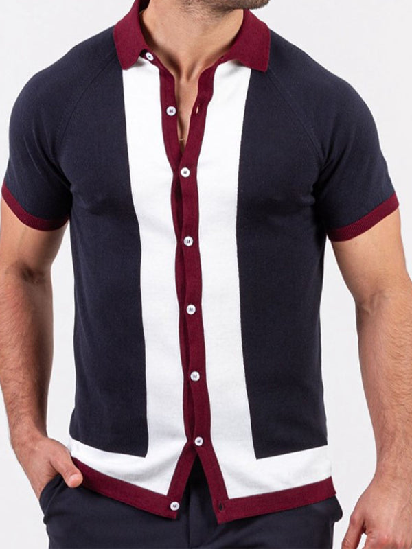 Men's single Breasted Paneled Color Contrast Short Sleeve Shirt kakaclo