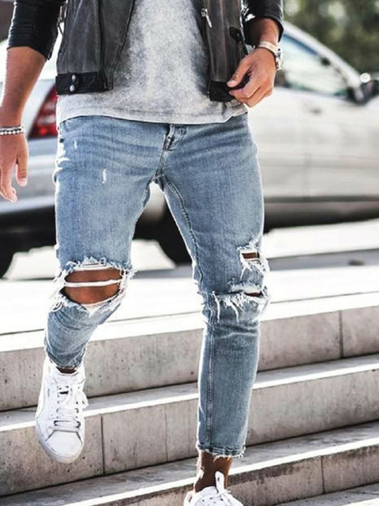 Men's solid casual ripped pencil jeans kakaclo