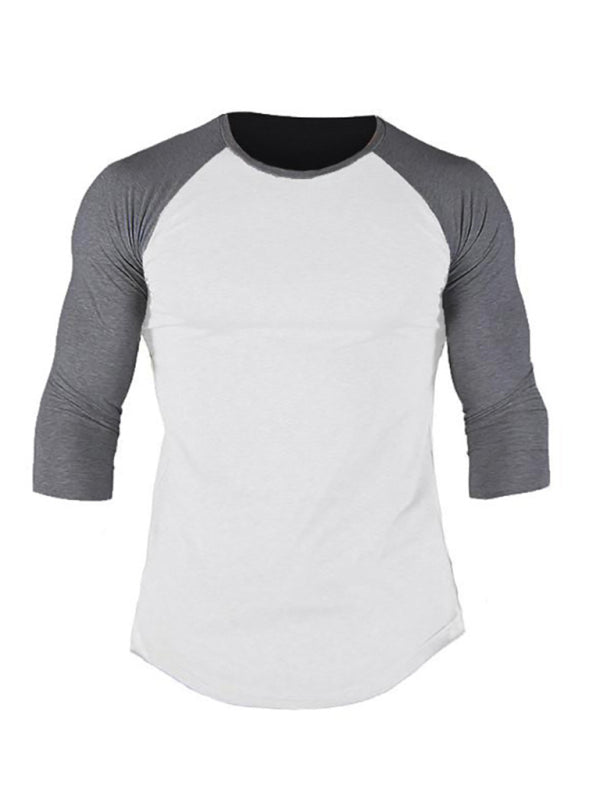 Men's Slim Three-quarter Sleeves Raglan T-Shirt Round Neck Contrasting Color Sports kakaclo