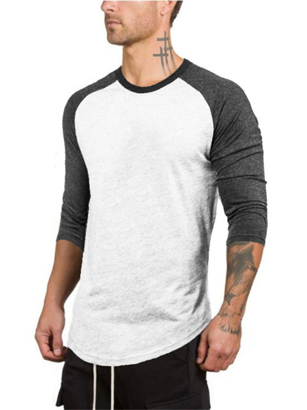 Men's Slim Three-quarter Sleeves Raglan T-Shirt Round Neck Contrasting Color Sports kakaclo