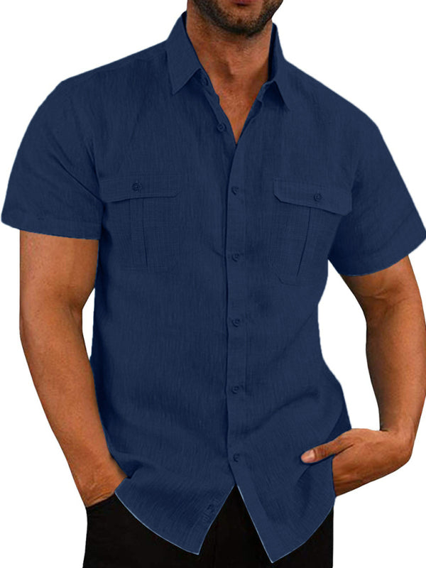 Men's Solid Color Double Pocket Short Sleeve Shirt Top kakaclo
