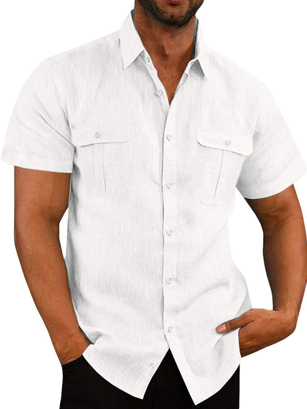 Men's Solid Color Double Pocket Short Sleeve Shirt Top kakaclo