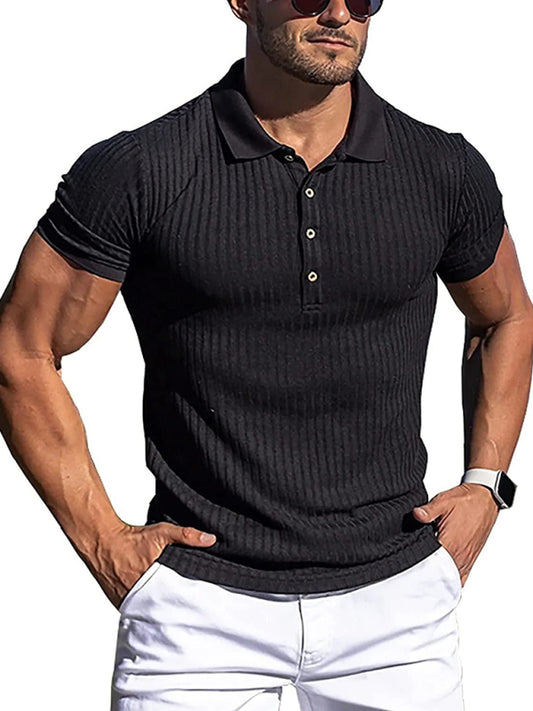 New Men's High Stretch Vertical Stripe Long Sleeve POLO Shirt Slim Fit Short Sleeve Polo Shirt kakaclo