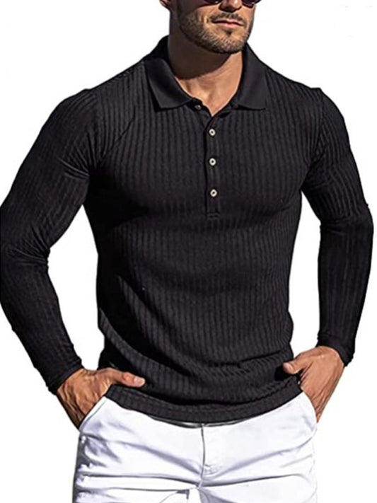New Men's High Elastic Vertical Strip Long Sleeve POLO Shirt Slim Knit Bottom Shirt Polo Shirt kakaclo