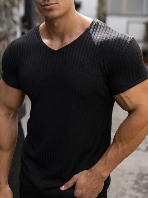 Men's Rib-knit V-neck Short-sleeve T-shirt kakaclo