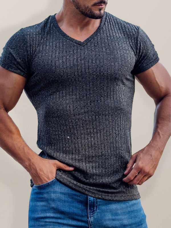 Men's Rib-knit V-neck Short-sleeve T-shirt kakaclo