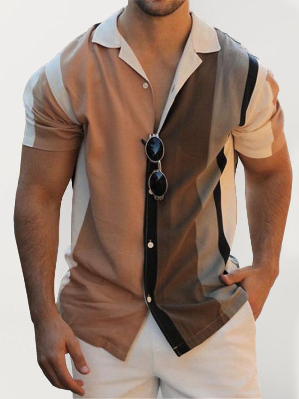 Men's Color Block Short Sleeve Button-up Shirt kakaclo