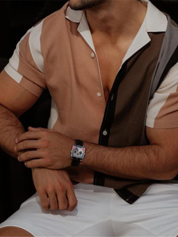 Men's Color Block Short Sleeve Button-up Shirt kakaclo