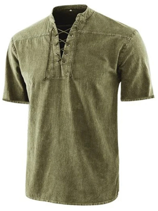 Men's Solid Color Lace Up Woven Short Sleeve Top kakaclo