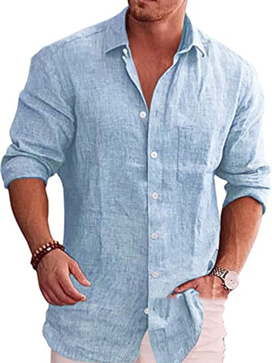 Men's solid color shirt linen lapel long sleeve casual shirt kakaclo