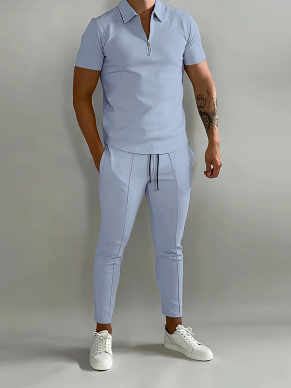 Men's solid color lapel short-sleeved POLO shirt + trousers two-piece suit kakaclo