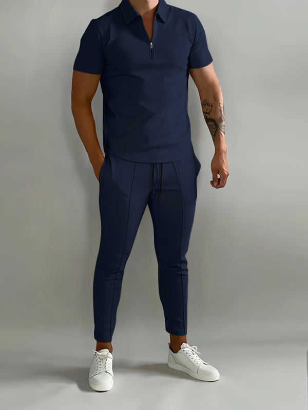 Men's solid color lapel short-sleeved POLO shirt + trousers two-piece suit kakaclo
