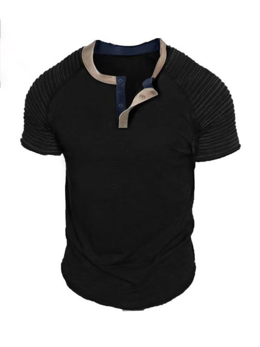 T-Shirt Button Collar Short Sleeve Men's Casual Pleated Tops Men's T-Shirts kakaclo
