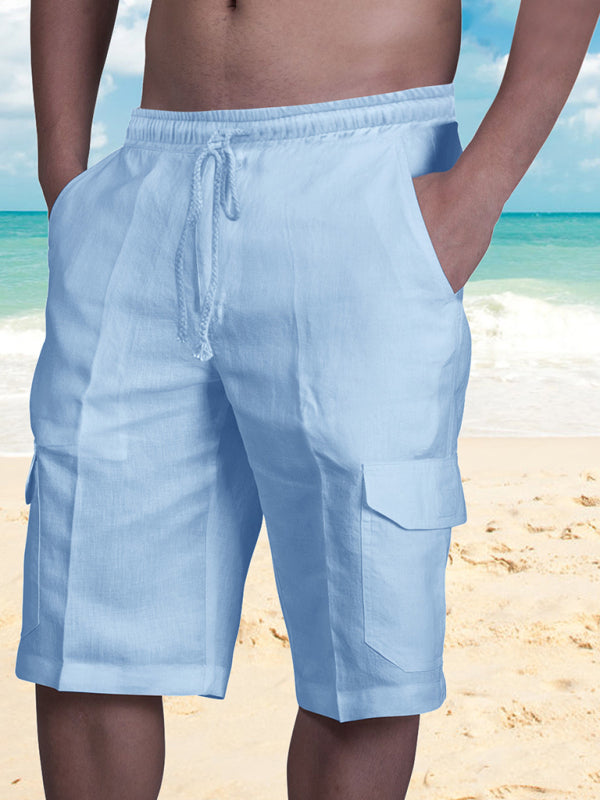 Linen Shorts Multi Pocket Tether Men's Beach Cargo Pants kakaclo