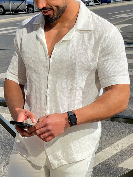 Men's Solid Color Thin Short Sleeve Lapel Collar Simple Casual Shirt kakaclo