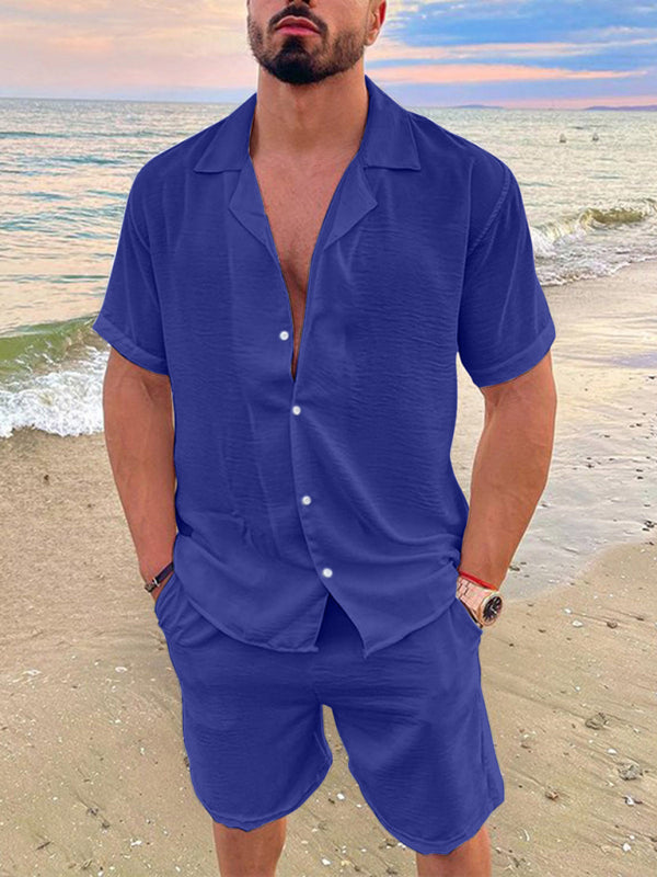 Men's Summer Lapel Cotton Linen Solid Color Short Sleeve Shorts Set kakaclo
