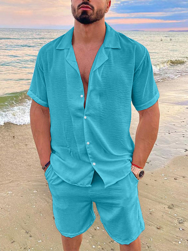 Men's Summer Lapel Cotton Linen Solid Color Short Sleeve Shorts Set kakaclo