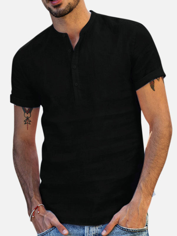 Men's Stand Collar Short Sleeve V Neck Cotton Linen Shirt kakaclo