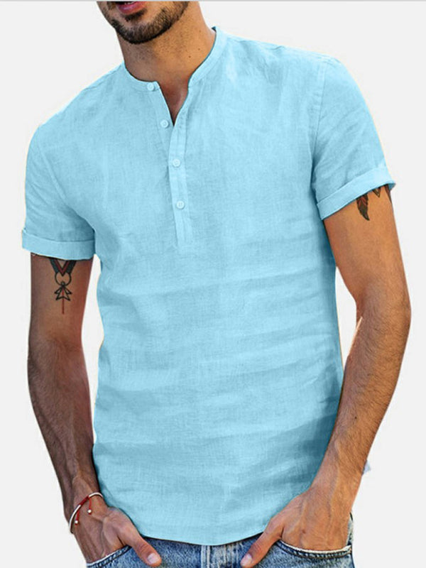 Men's Stand Collar Short Sleeve V Neck Cotton Linen Shirt kakaclo