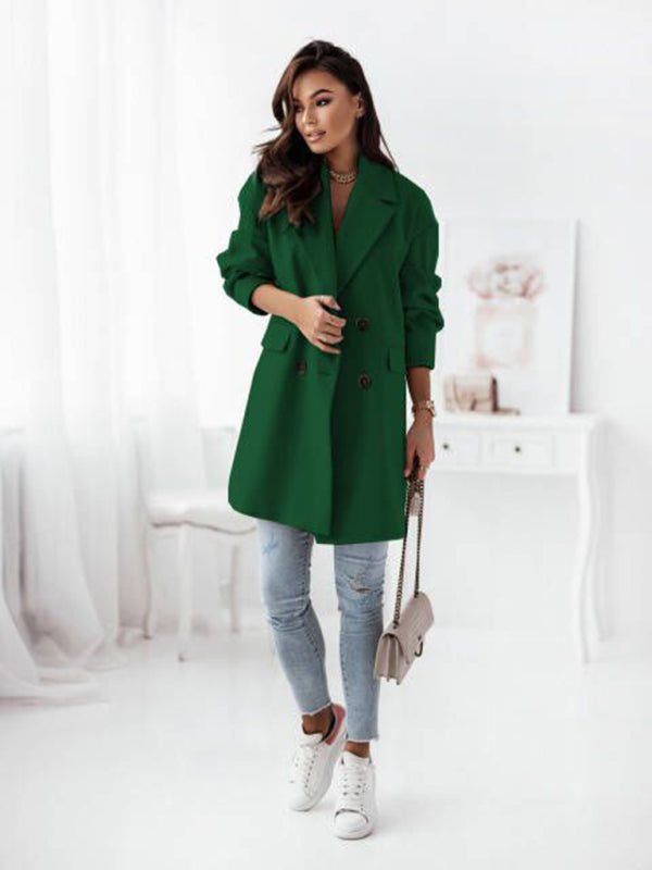 Women's Double-breasted Solid-color Wool Coat kakaclo