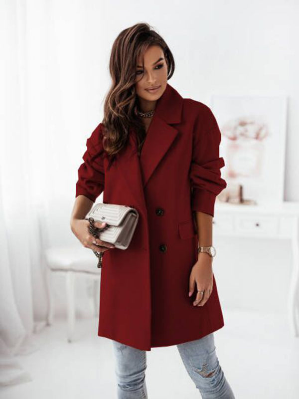 Women's Double-breasted Solid-color Wool Coat kakaclo