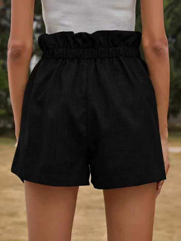 Women's Solid Color Textured Ruffled Drawstring Pull-on Shorts kakaclo