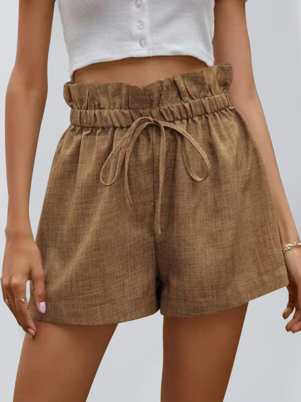 Women's Solid Color Textured Ruffled Drawstring Pull-on Shorts kakaclo