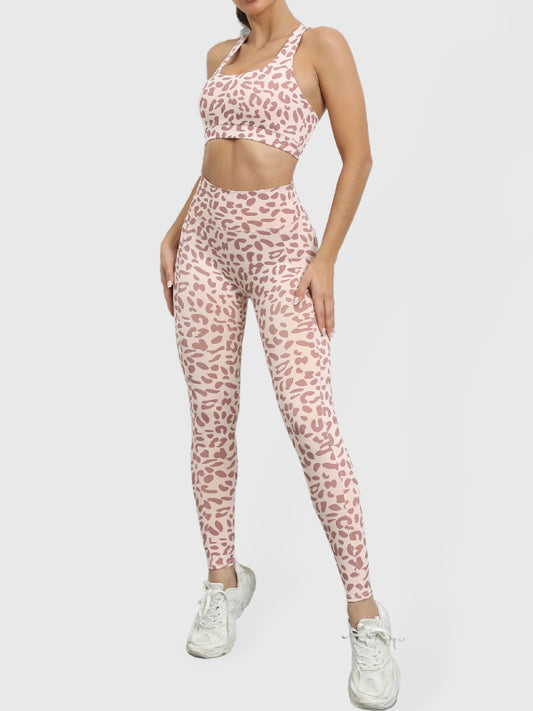 Women's Leopard Print Balance Compression Racerback Crop Top And High-waist Pants kakaclo