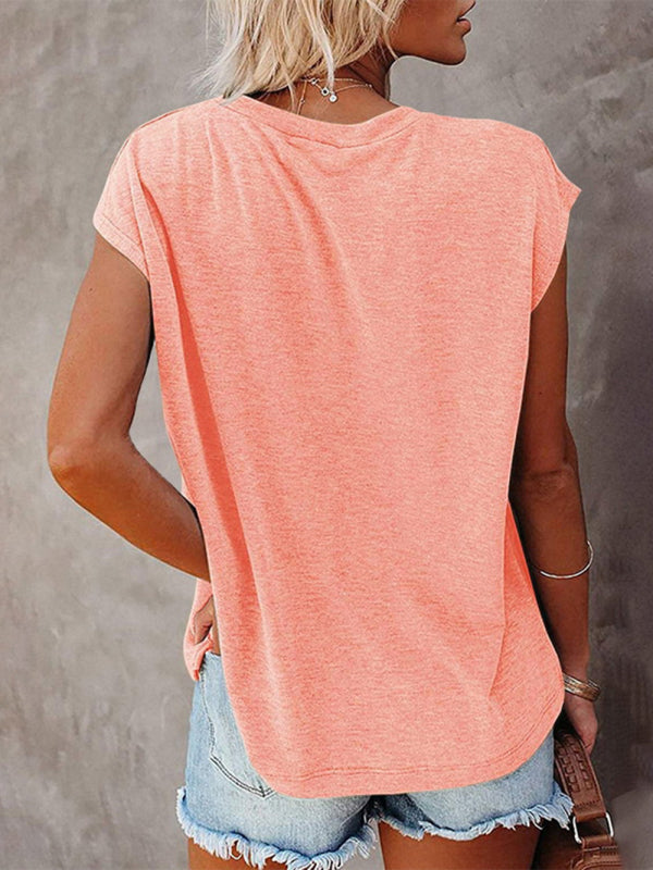 Women's Tops Solid Color Pocket Off Shoulder Round Neck Short Sleeve Women's T-Shirt kakaclo