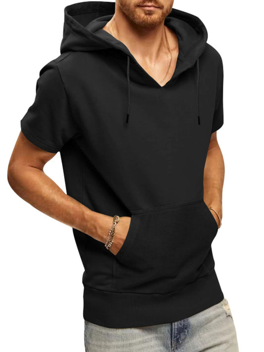 Men's Solid Color Short Sleeve Hooded Sweatshirt kakaclo
