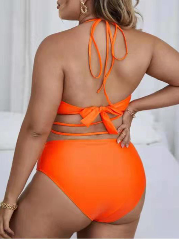 Plus Size Ladies Clothes - Halter Backless Cross Strap Bikini Set kakaclo