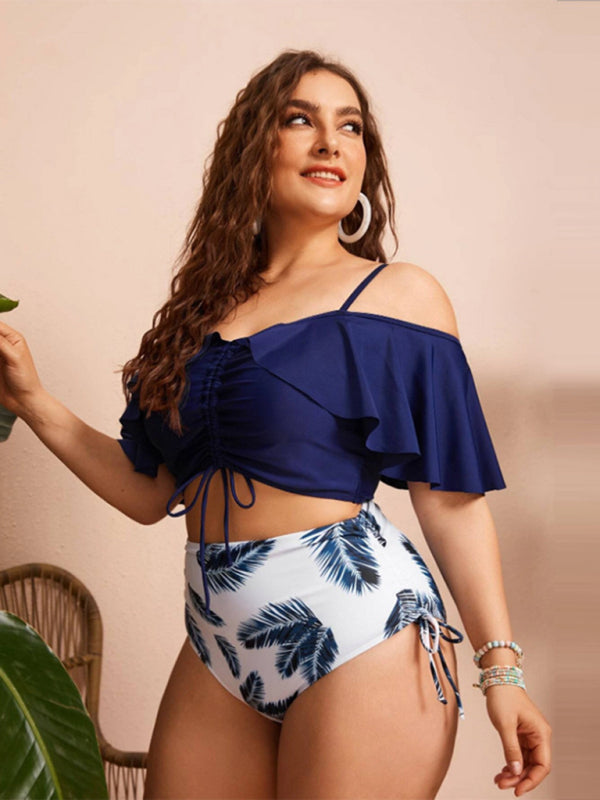 Plus Size Women-Drawstring Ruffle Bikini One Shoulder Strap High Waist Swimsuit Set kakaclo