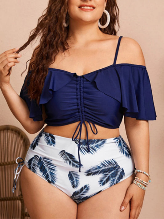 Plus Size Women-Drawstring Ruffle Bikini One Shoulder Strap High Waist Swimsuit Set kakaclo