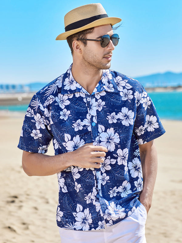 Men's Floral Print Short Sleeve Button-Up Shirt kakaclo