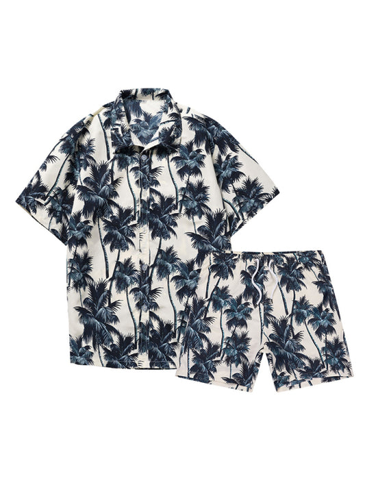 Men's Hawaiian Palm Tree Print Short Sleeve Button-Up Shirt and Short Sets kakaclo