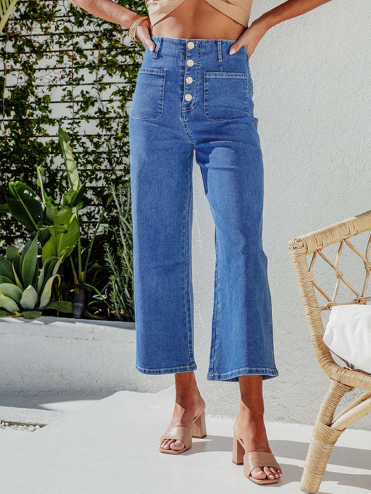 Retro Loose Straight Single-Breasted High-Waist Wide-Leg Jeans Crop Pants kakaclo