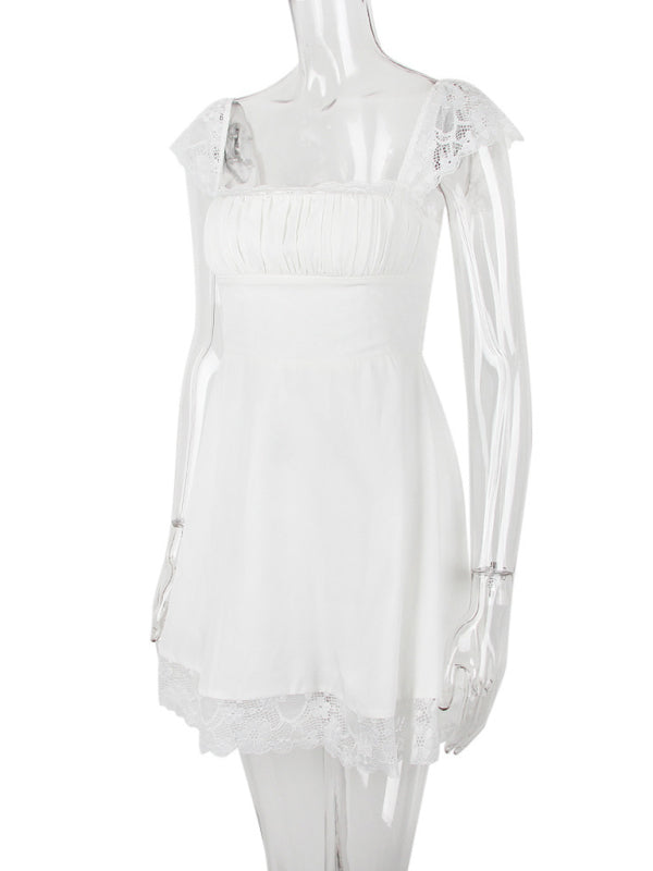 Lace Square Neck Slip Dress Slim Backless White French Dress kakaclo