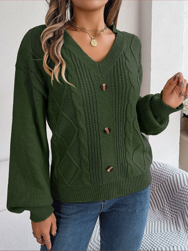 New autumn and winter solid color V-neck buttoned twist lantern sleeve pullover sweater kakaclo