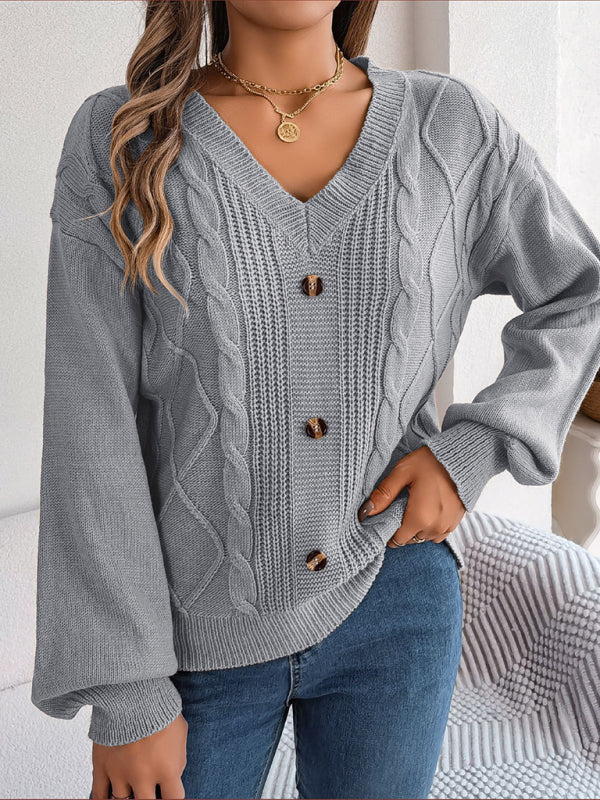 New autumn and winter solid color V-neck buttoned twist lantern sleeve pullover sweater kakaclo
