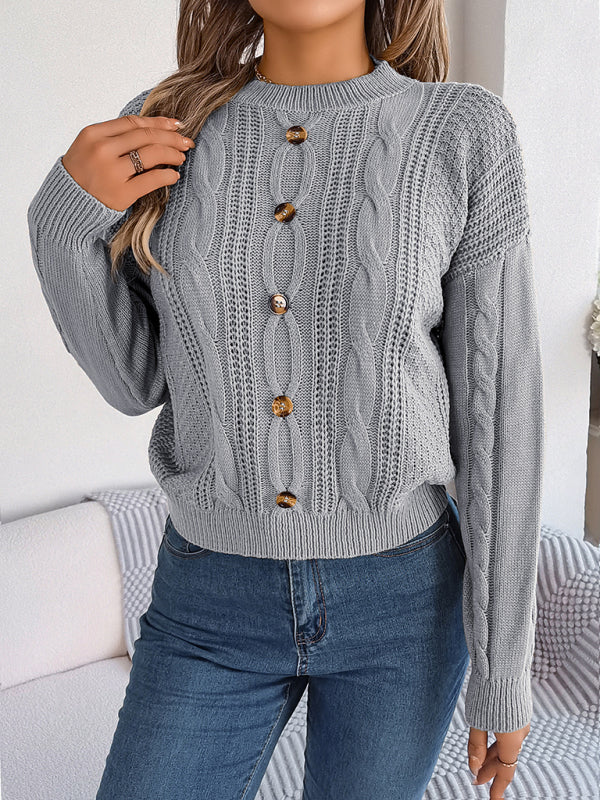 New casual solid color button twist long-sleeved pullover sweater kakaclo