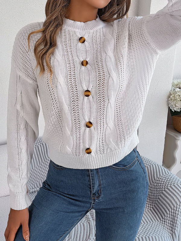 New casual solid color button twist long-sleeved pullover sweater kakaclo