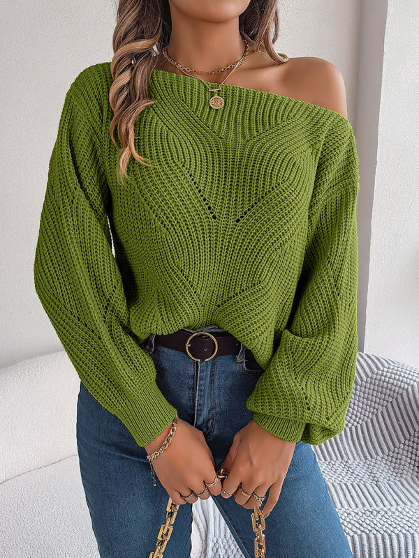 New casual hollow one-line collar off-shoulder lantern sleeve sweater kakaclo
