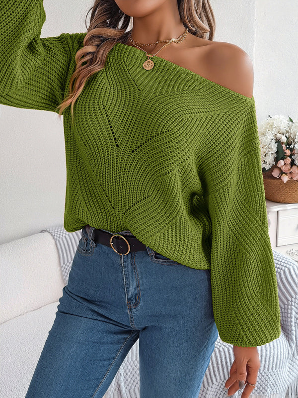 New casual hollow one-line collar off-shoulder lantern sleeve sweater kakaclo