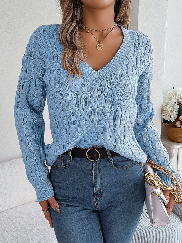 New casual solid color twist long-sleeved V-neck sweater kakaclo