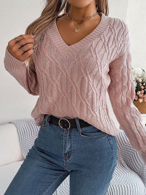 New casual solid color twist long-sleeved V-neck sweater kakaclo