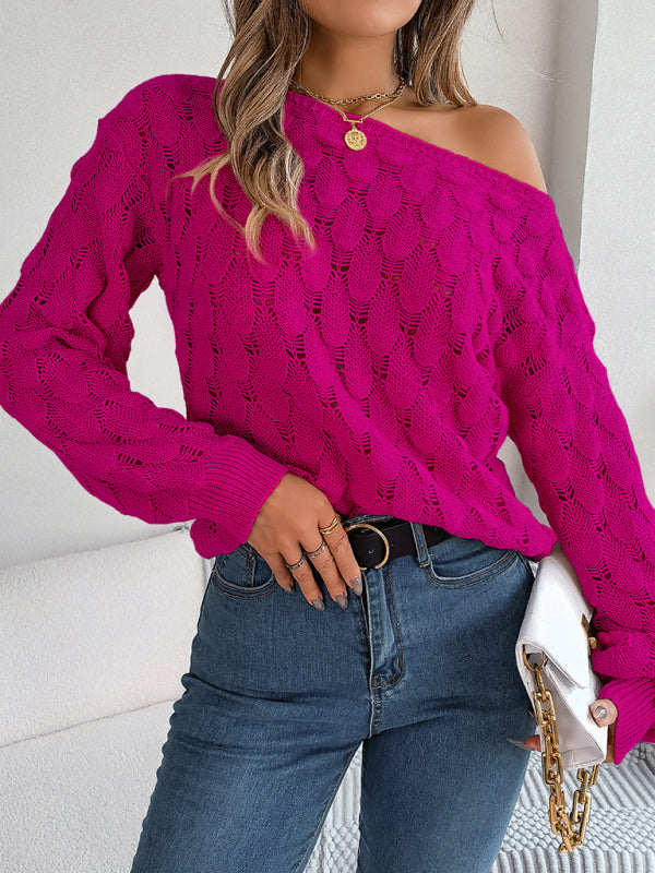 New casual feather hollow one-line collar off-shoulder lantern sleeve sweater kakaclo