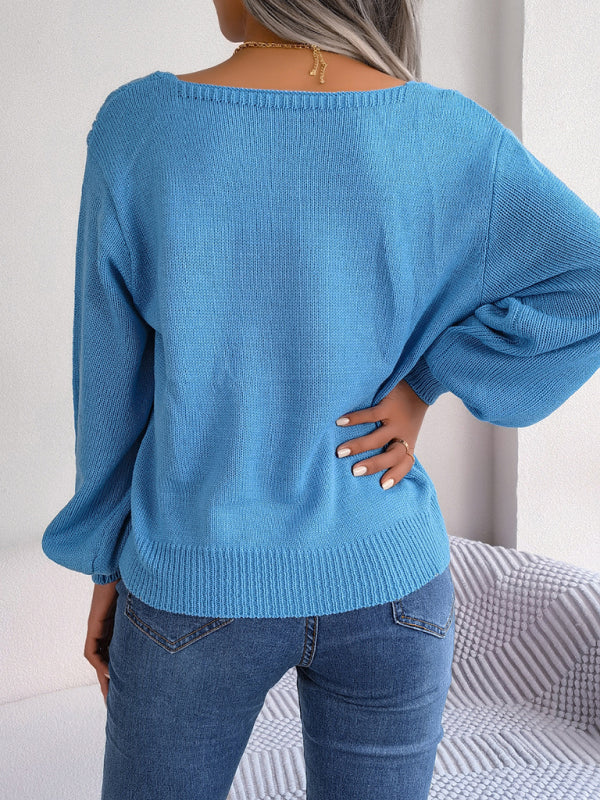 New casual square neck twist lantern sleeve pullover sweater kakaclo