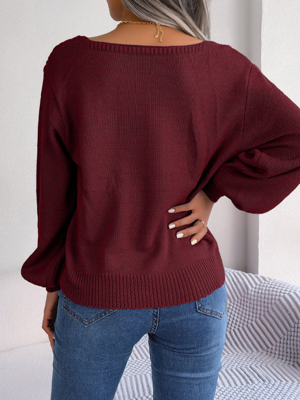 New casual square neck twist lantern sleeve pullover sweater kakaclo